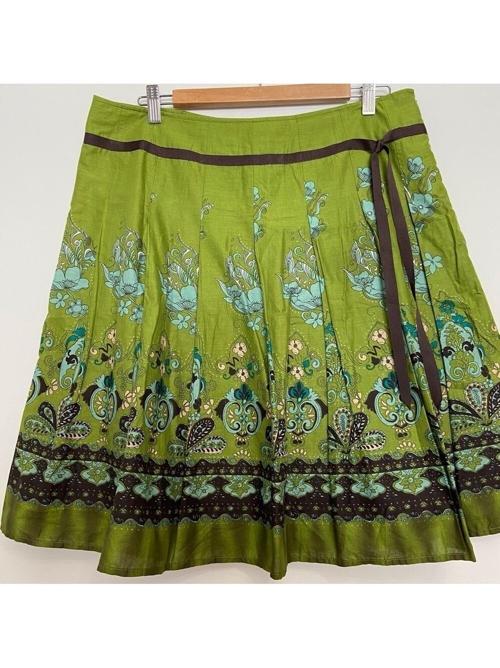 MASSIMO skirt 100% cotton tulip ALine pleated woven Kelly green blue 12